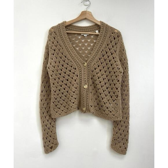 VINCE. Crochet Open Knit Wool Cashmere Luxury Cardigan Amber Light - Medium - Picture 10 of 10